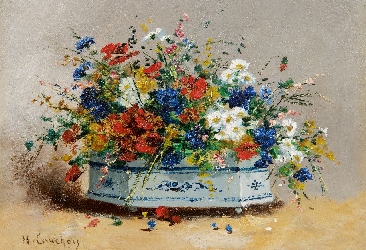 Cauchois E.H.  | Eugène-Henri Cauchois, Summer flowers, oil on panel 16.8 x 24.1 cm, signed l.l.