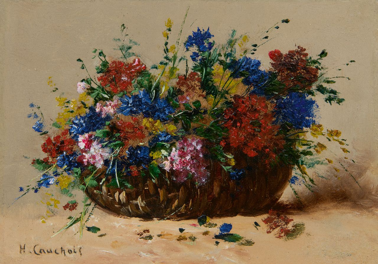 Cauchois E.H.  | Eugène-Henri Cauchois, Summer flowers in a basket, oil on panel 16.8 x 24.1 cm, signed l.l.