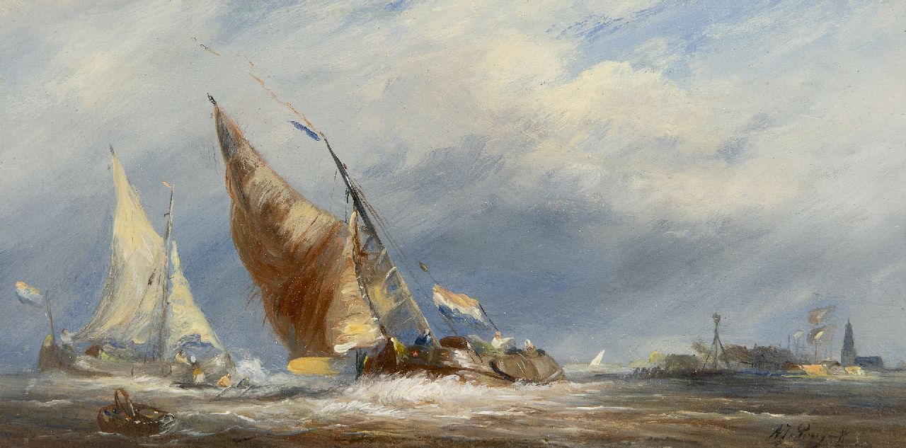 Prooijen A.J. van | Albert Jurardus van Prooijen | Paintings offered for sale | Sailing sjalks in stormy weather, oil on panel 14.7 x 29.4 cm, signed l.r.
