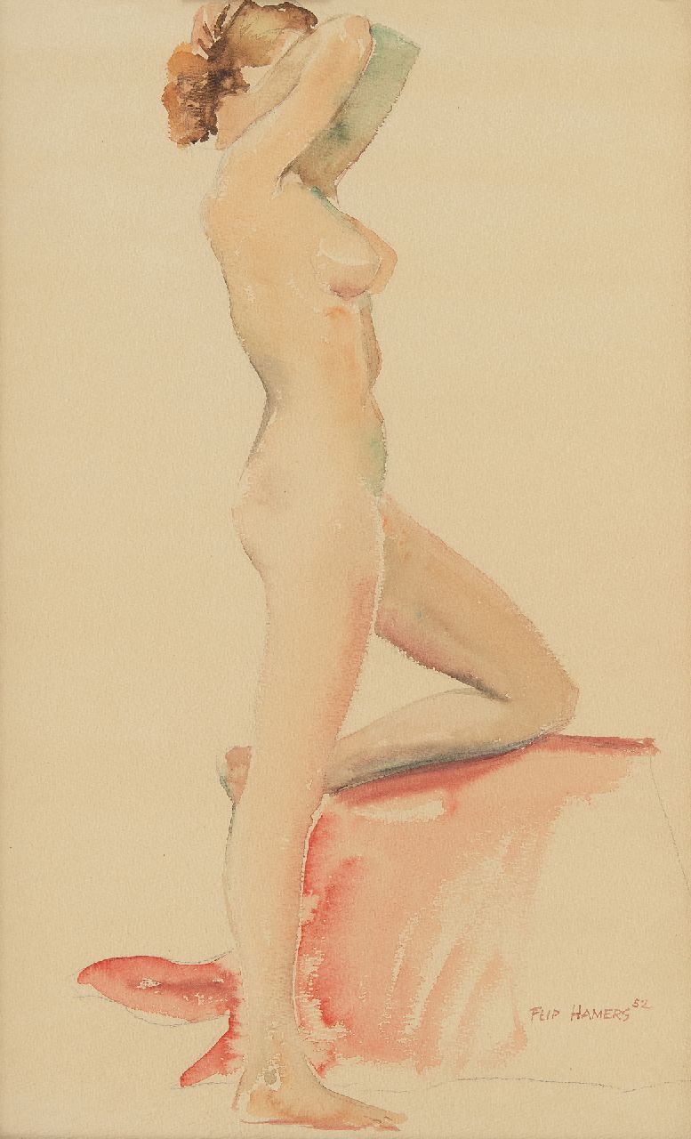 Hamers P.J.  | Philippus Jacob 'Flip' Hamers, Standing nude, watercolour on paper 49.4 x 32.4 cm, signed l.r. and dated  '52