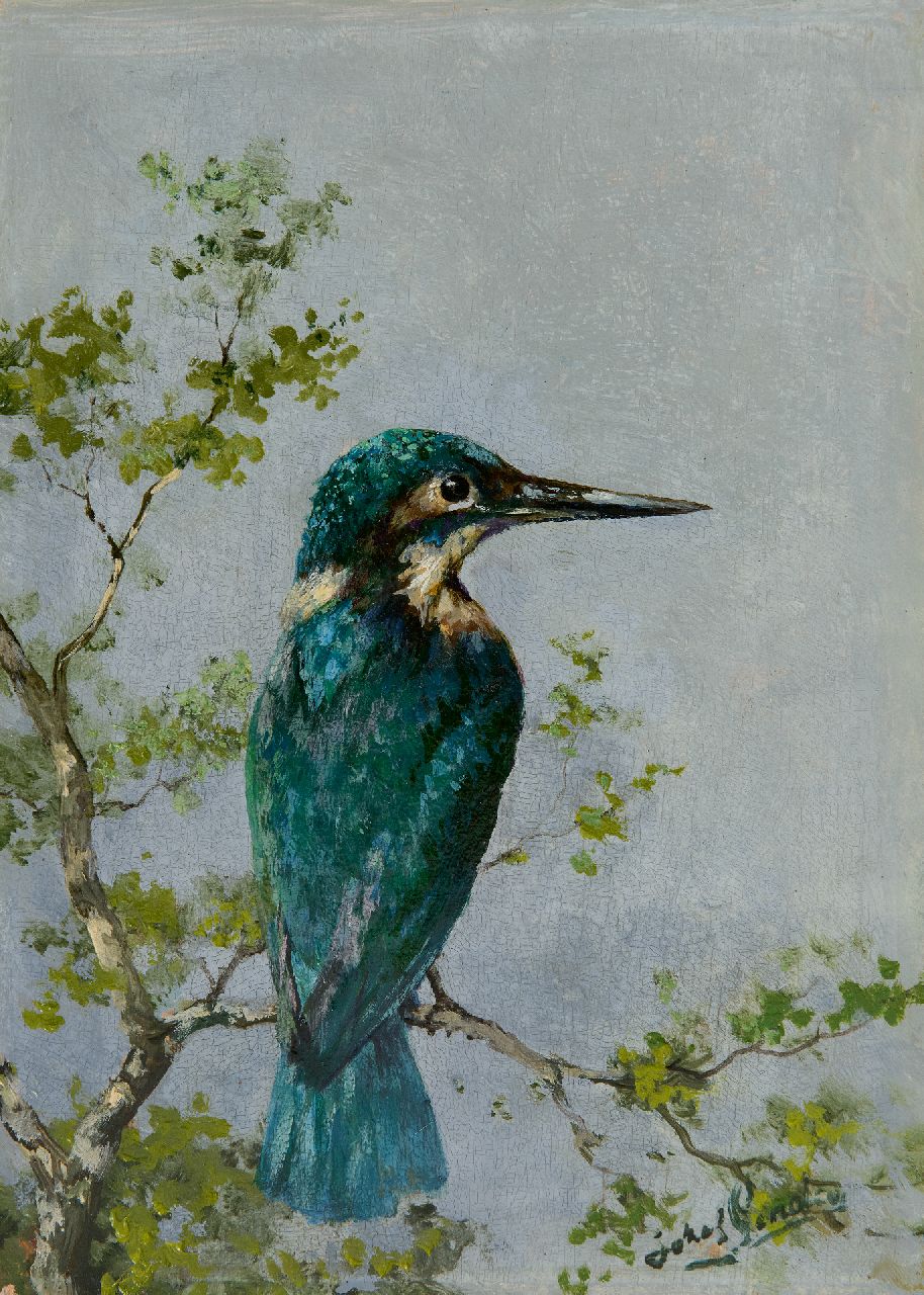 Jozef Gindra | Kingfisher on a branch, oil on panel, 28.5 x 20.1 cm, signed l.r.