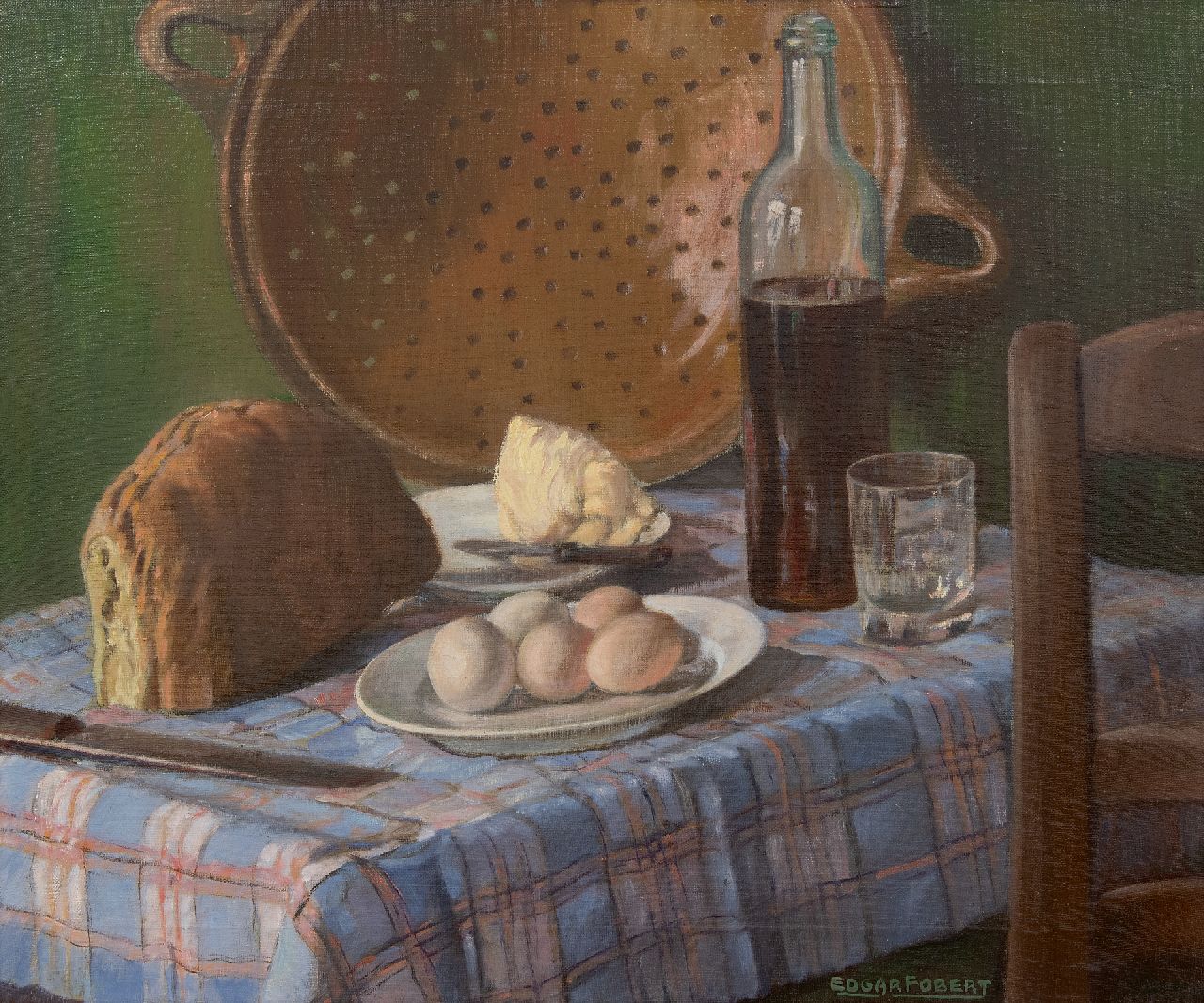 Fobert E.  | Edgar Fobert | Paintings offered for sale | Still life with bread, butter and eggs, oil on canvas 50.2 x 60.5 cm, signed l.r.