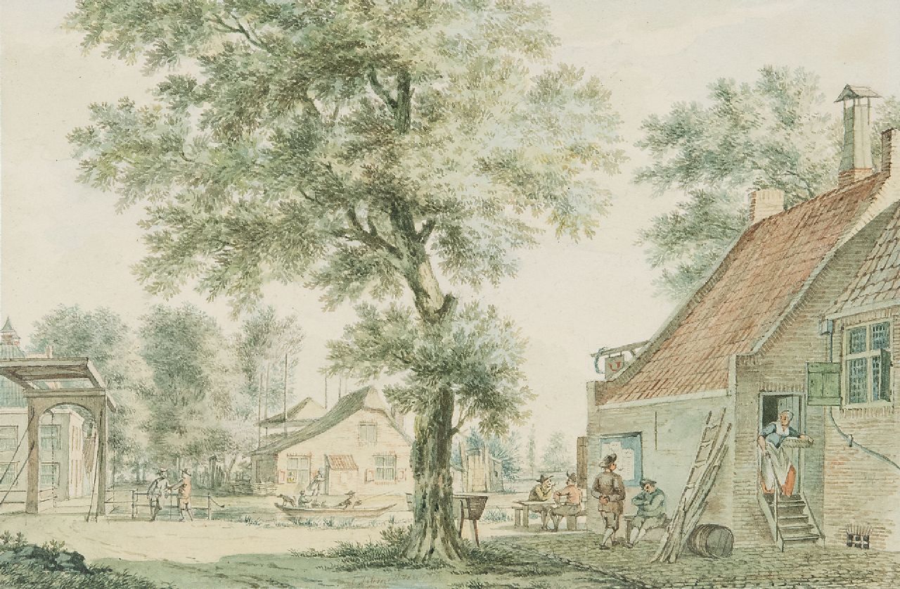 Schmidt I.  | Izaäk Schmidt | Watercolours and drawings offered for sale | Village view with figures at an inn, watercolour on paper 12.6 x 18.3 cm, signed on the reverse