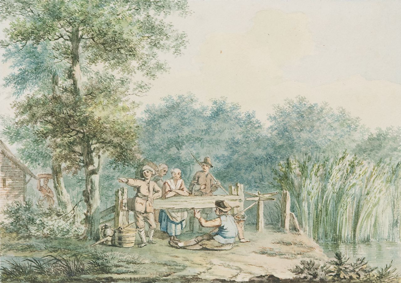 Schmidt I.  | Izaäk Schmidt | Watercolours and drawings offered for sale | Country folk at a fence, black chalk and watercolour on paper 11.9 x 16.8 cm, signed l.c. and on the reverse and dated on the reverse 1779
