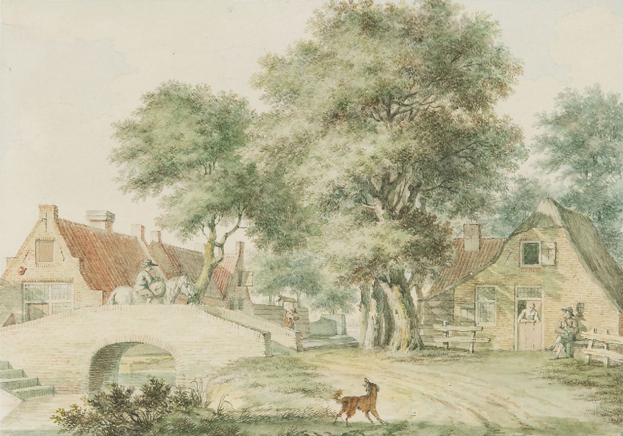 Schmidt I.  | Izaäk Schmidt | Watercolours and drawings offered for sale | Village view with figures near a stone bridge, watercolour on paper 14.1 x 20.1 cm, signed on the reverse