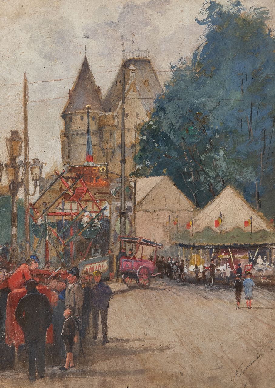 Jomouton F.  | Frédéric Jomouton | Watercolours and drawings offered for sale | Fair at a Belgian castle, watercolour on painter's board 36.2 x 26.2 cm, signed l.r.