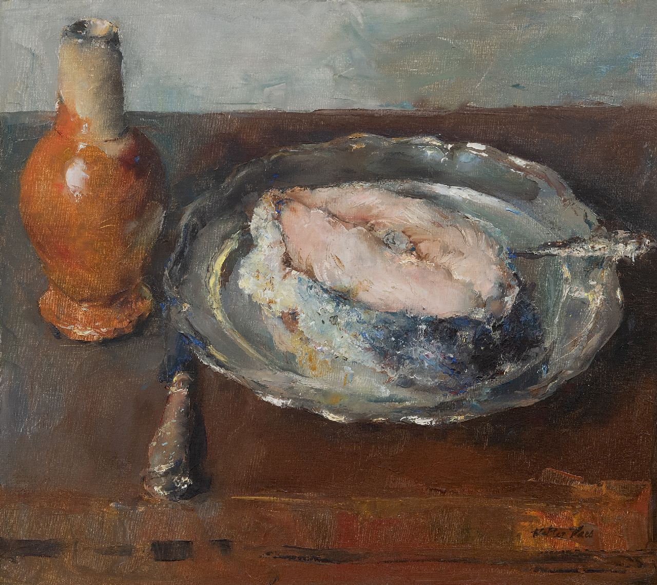 Vaes W.  | Walter Vaes | Paintings offered for sale | Fish on a tin plate, oil on canvas 40.1 x 45.1 cm, signed l.r.