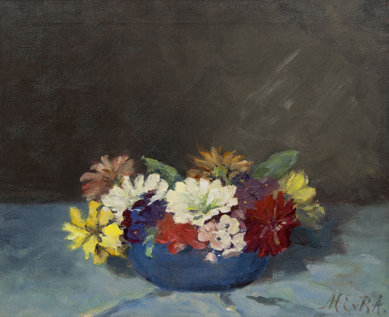 Regteren Altena M.E. van | 'Marie' Engelina van Regteren Altena | Paintings offered for sale | Zinnias, oil on canvas 39.2 x 48.3 cm, signed l.r. with initials