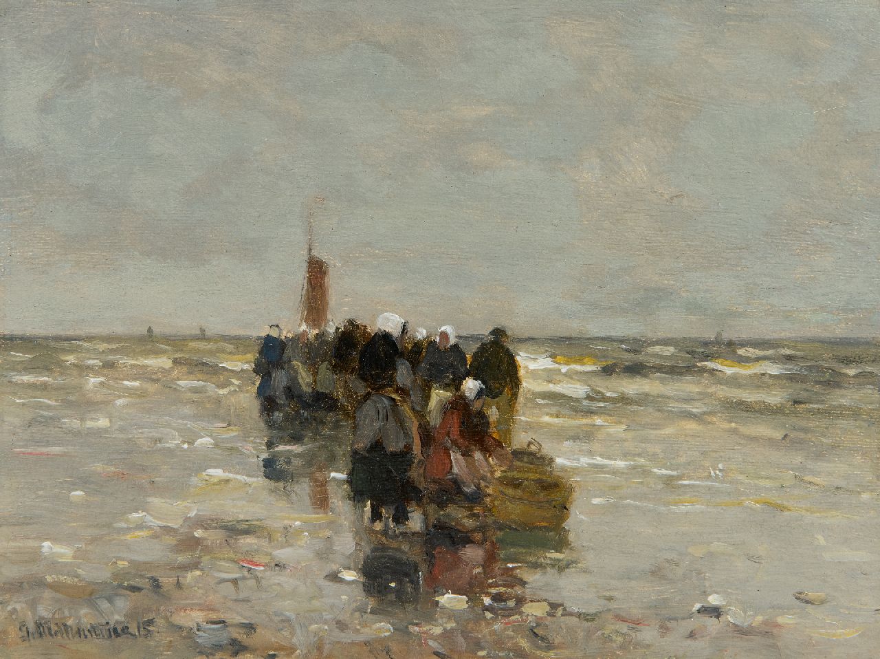 Munthe G.A.L.  | Gerhard Arij Ludwig 'Morgenstjerne' Munthe, Fishmongers waiting on the beach of Katwijk, oil on panel 16.0 x 21.0 cm, signed l.l. and dated '15