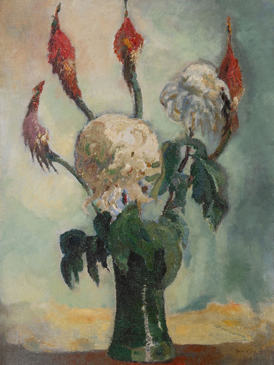 Jong G. de | Gerben 'Germ' de Jong | Paintings offered for sale | Chrysanthemums, oil on canvas 80.4 x 60.4 cm, signed l.r. and dated 1917