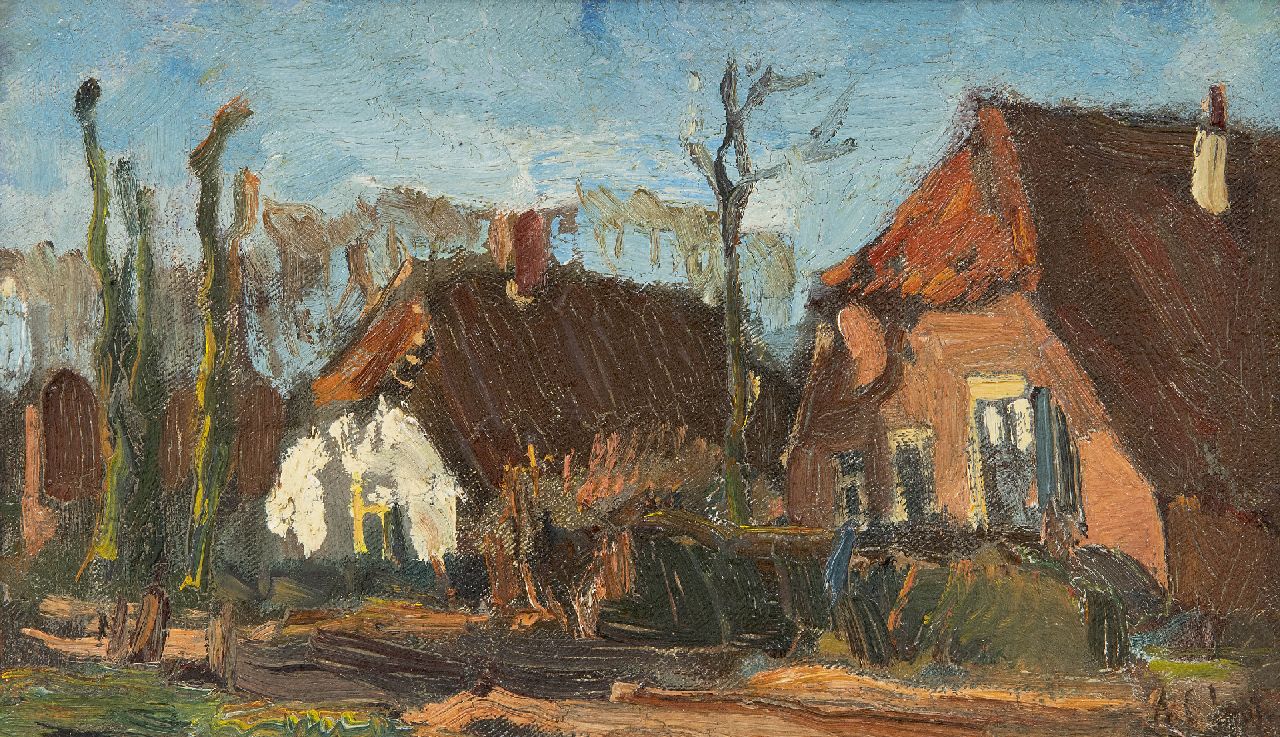 Colnot A.J.G.  | 'Arnout' Jacobus Gustaaf Colnot | Paintings offered for sale | Farms on a village road, oil on canvas laid down on panel 14.8 x 24.7 cm, signed l.r.