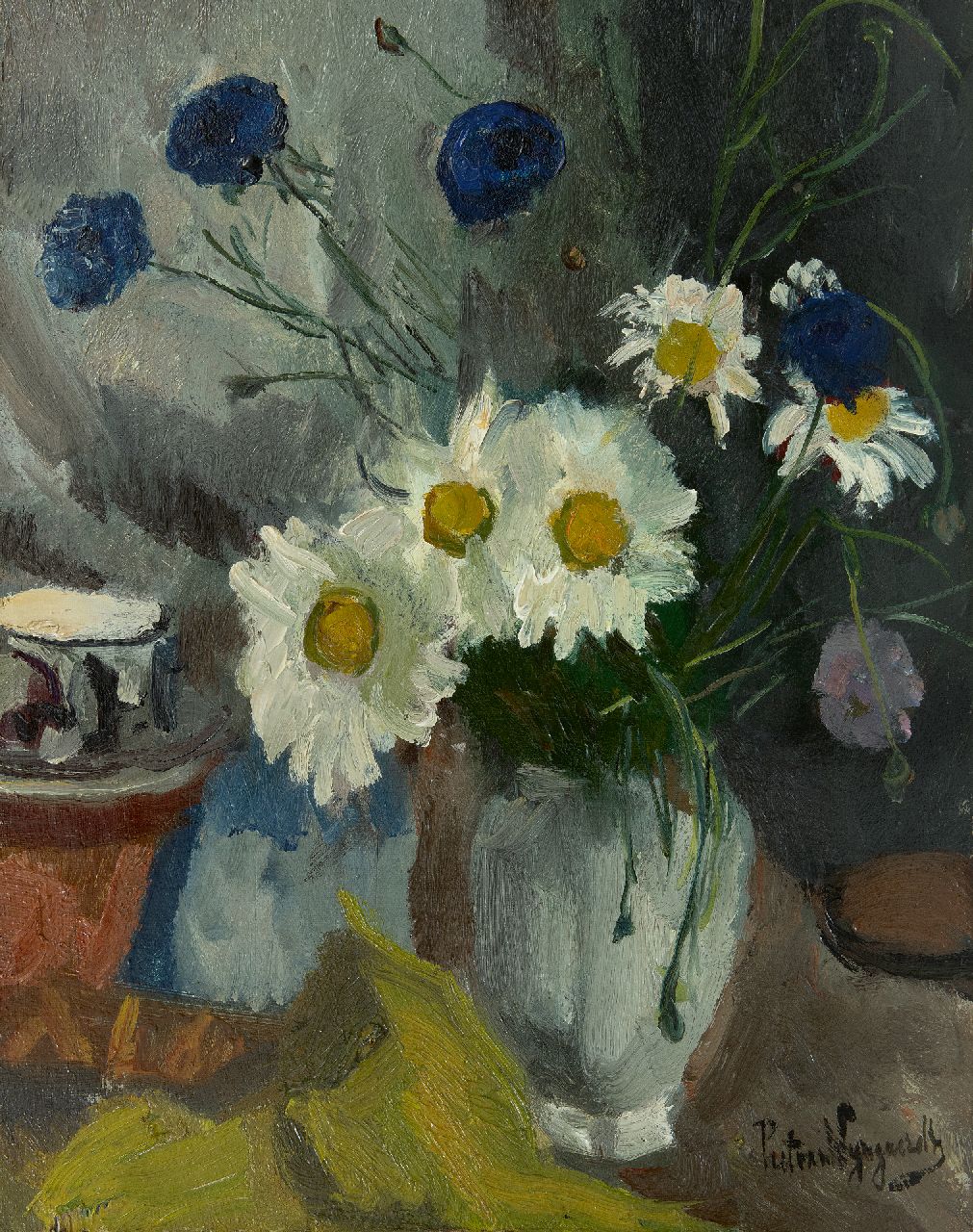 Wijngaerdt P.T. van | Petrus Theodorus 'Piet' van Wijngaerdt | Paintings offered for sale | White daisies and cornflowers, oil on canvas 50.3 x 40.3 cm, signed l.r.