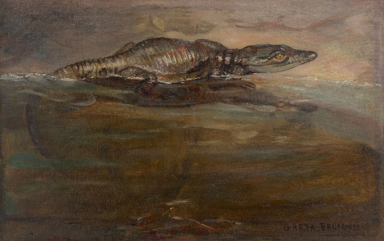 Bruigom M.C.  | Margaretha Cornelia 'Greta' Bruigom | Paintings offered for sale | Young Nile crocodile, oil on canvas 26.4 x 41.5 cm, signed l.r.