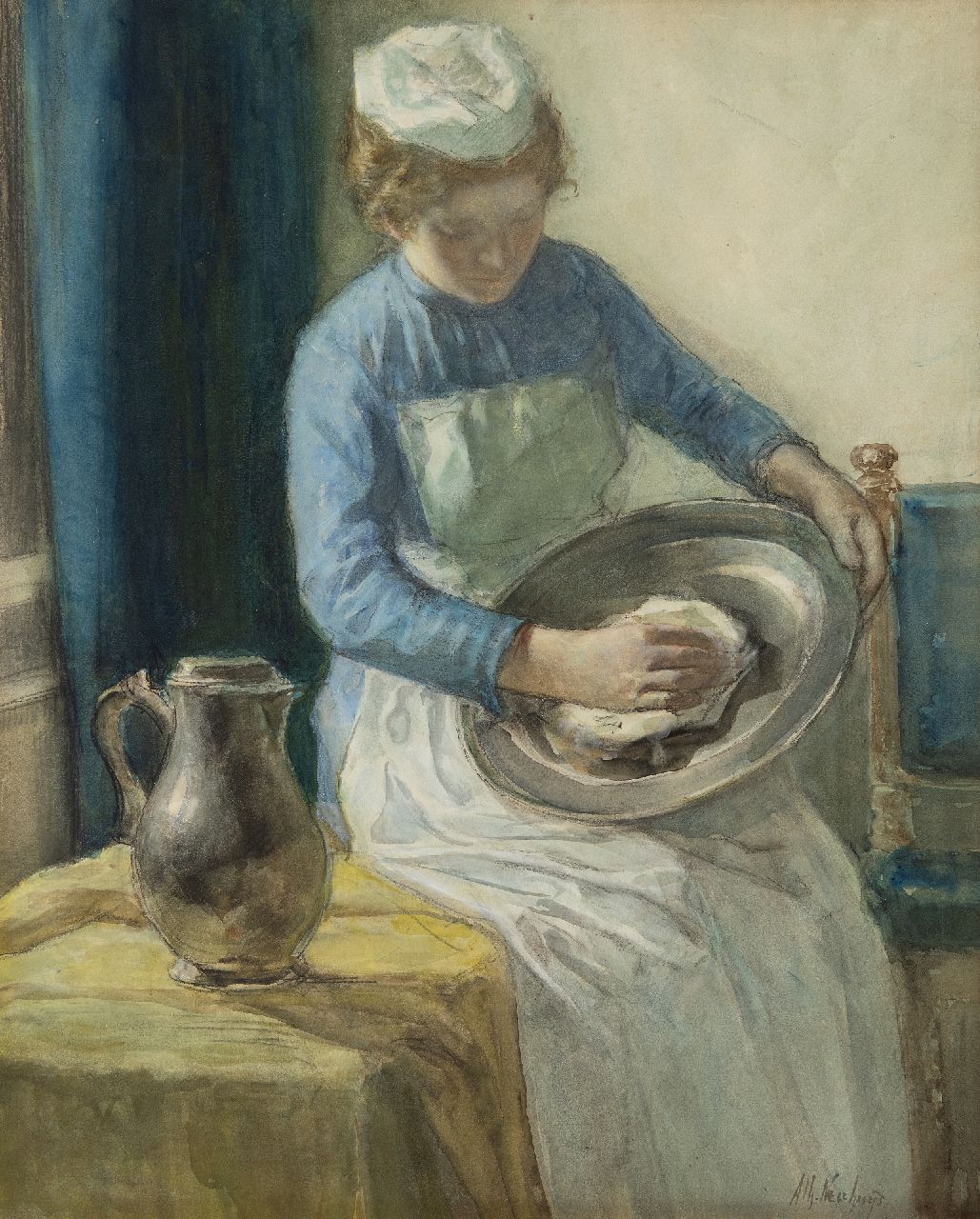 Neuhuys J.A.  | Johannes 'Albert' Neuhuys | Watercolours and drawings offered for sale | Polishing the tin bowl, crayon and watercolour on paper 55.3 x 44.7 cm, signed l.r.