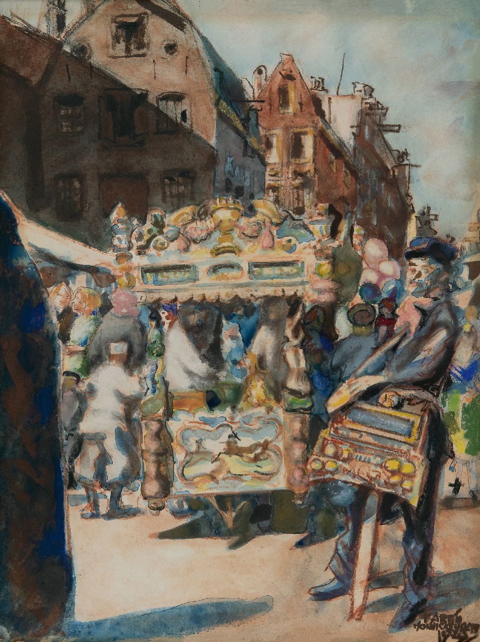 Monnickendam M.  | Martin Monnickendam, Ice cream cart and barrel organ at the Waterlooplein in Amsterdam, pastel and watercolour on paper 38.5 x 29.0 cm, signed l.r. and dated 1925