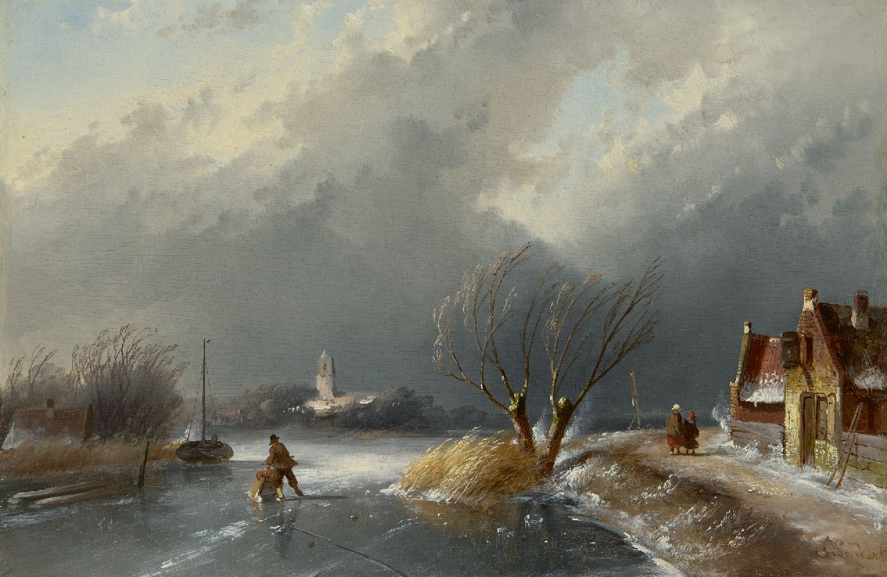 Leickert C.H.J.  | 'Charles' Henri Joseph Leickert | Paintings offered for sale | Winter landscape with upcoming snowstorm, oil on panel 23.0 x 34.9 cm, signed l.r.