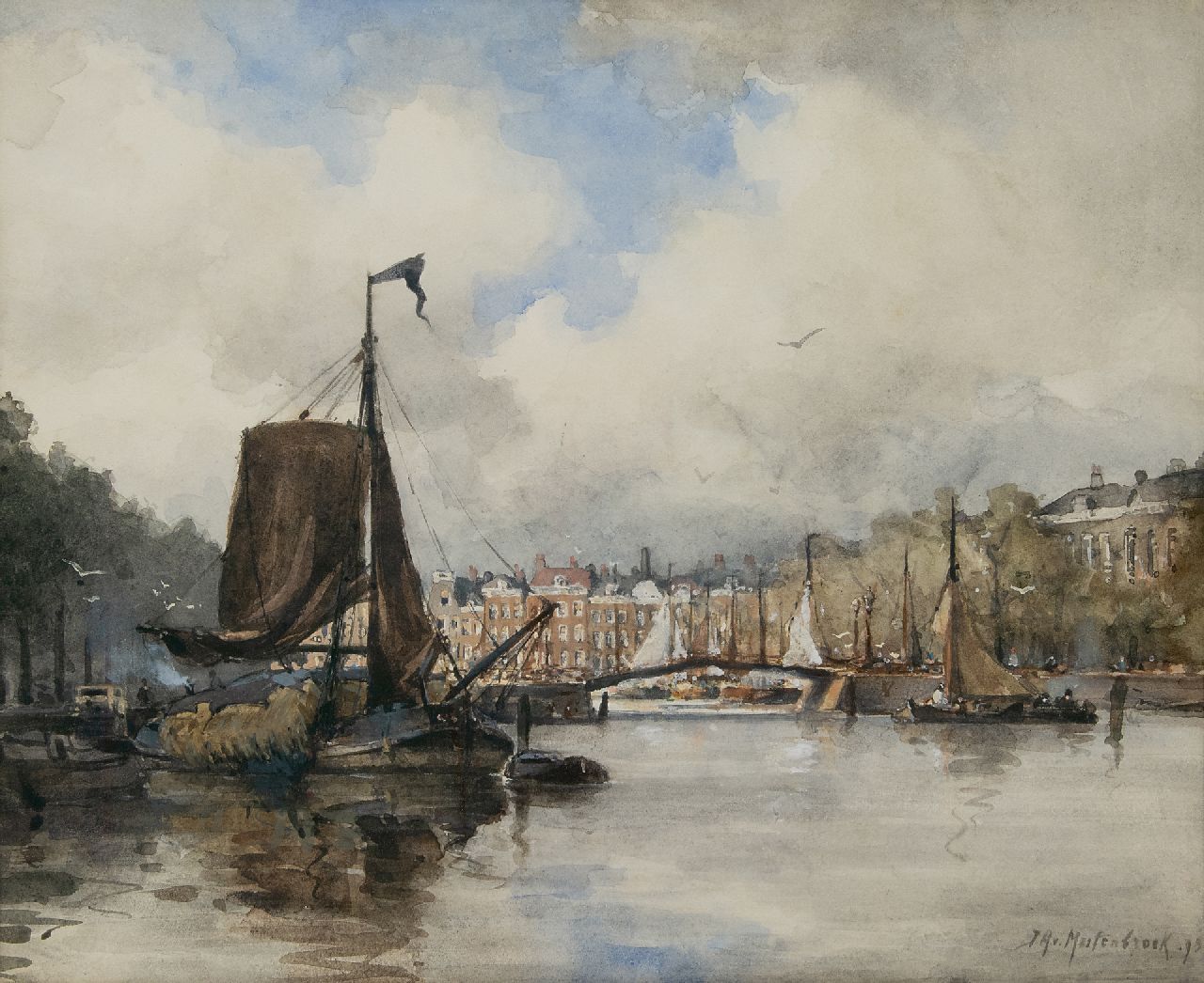 Mastenbroek J.H. van | Johan Hendrik van Mastenbroek | Watercolours and drawings offered for sale | Harbour in Rotterdam, watercolour on paper 34.4 x 41.3 cm, signed l.r. and dated '93