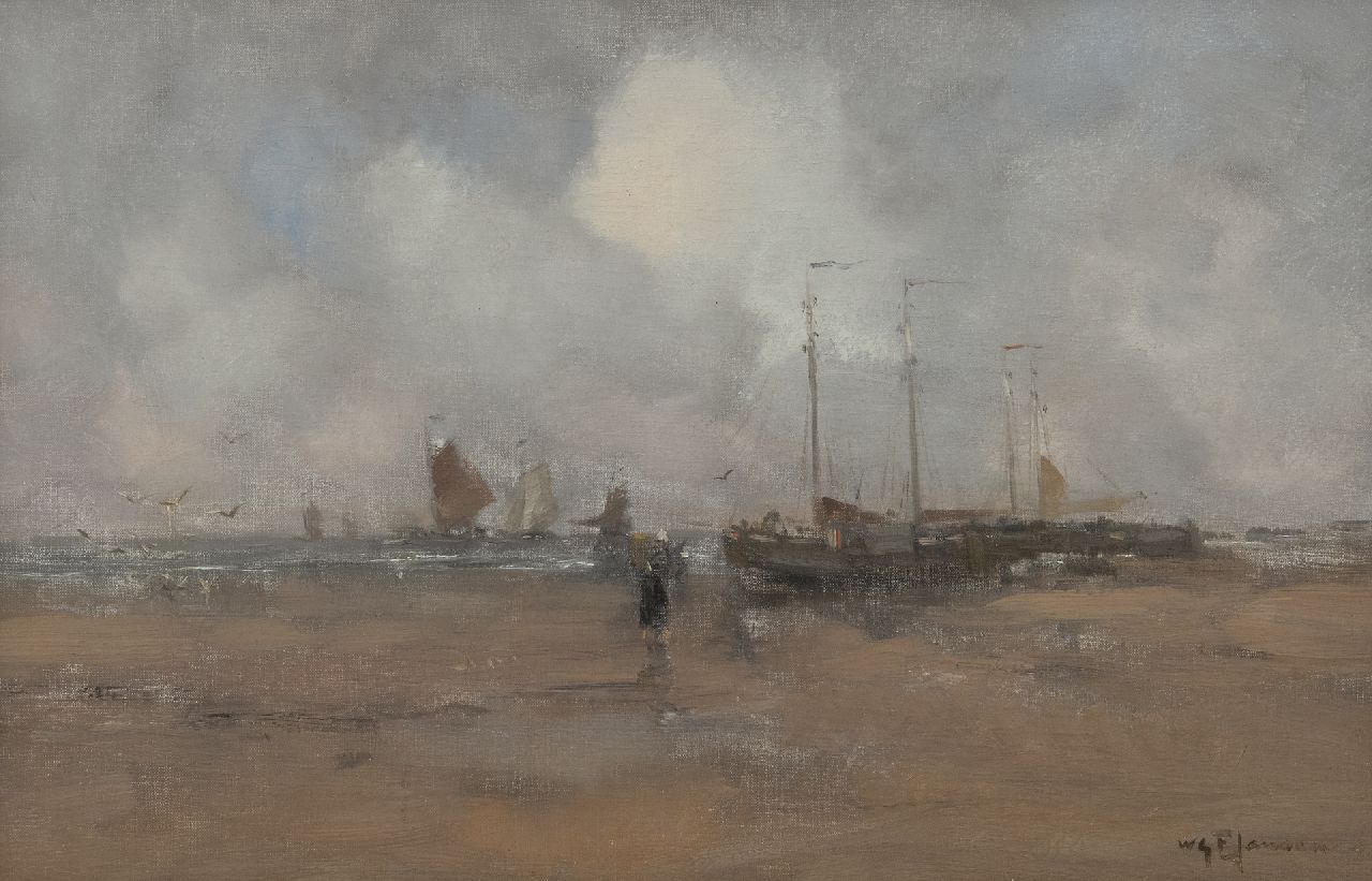 Jansen W.G.F.  | 'Willem' George Frederik Jansen | Paintings offered for sale | A beach scene with fisherman's wife and boats, oil on canvas 30.1 x 45.5 cm, signed l.r.
