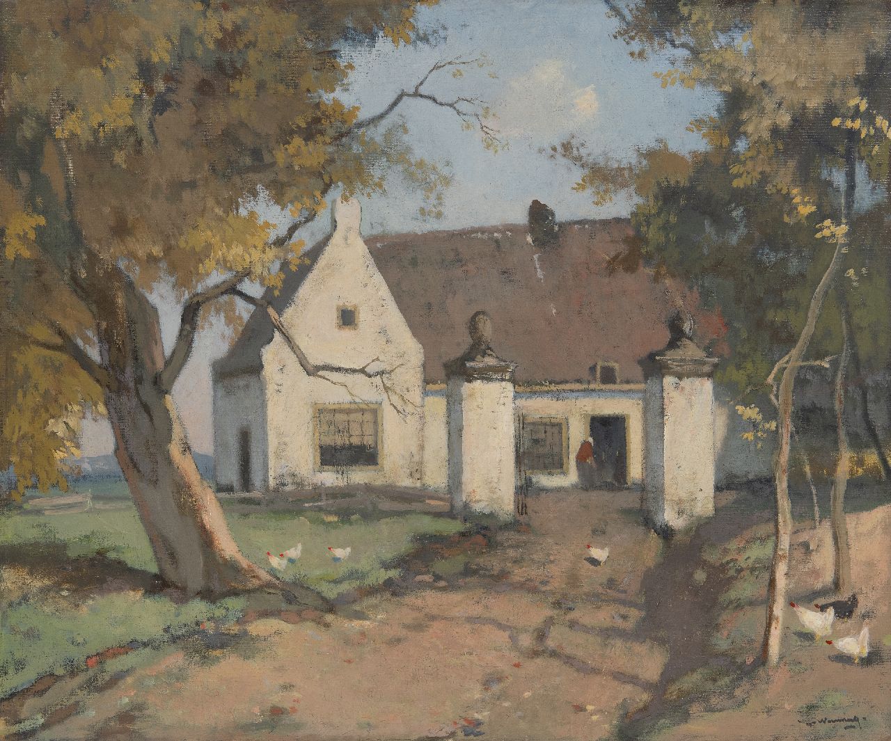 Ype Wenning | Farmyard with farmer's wife and chickens, oil on canvas, 50.1 x 60.3 cm, signed l.r.