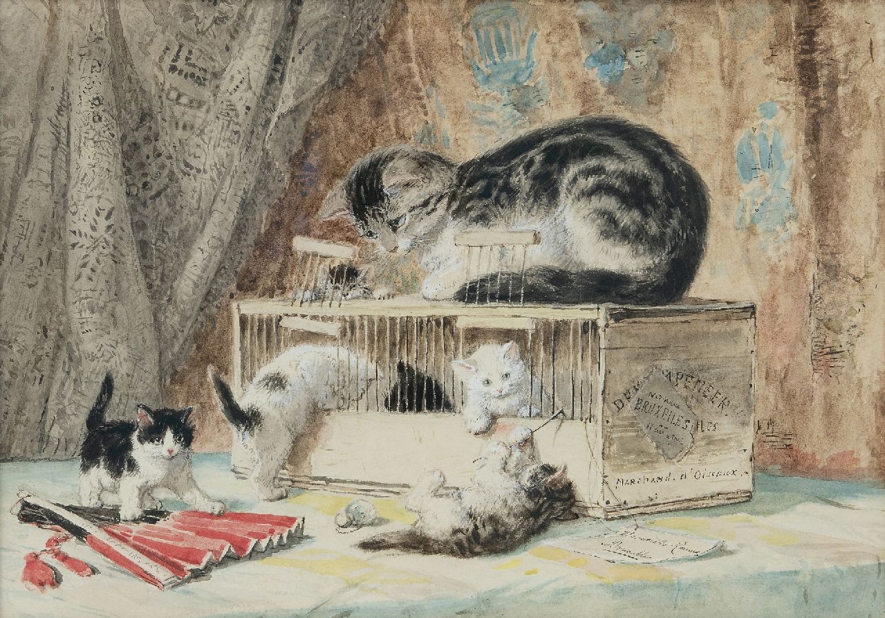 Ronner-Knip H.  | Henriette Ronner-Knip | Watercolours and drawings offered for sale | A cat and kittens playing with a birds cage, watercolour on paper 30.0 x 55.0 cm, signed l.r.