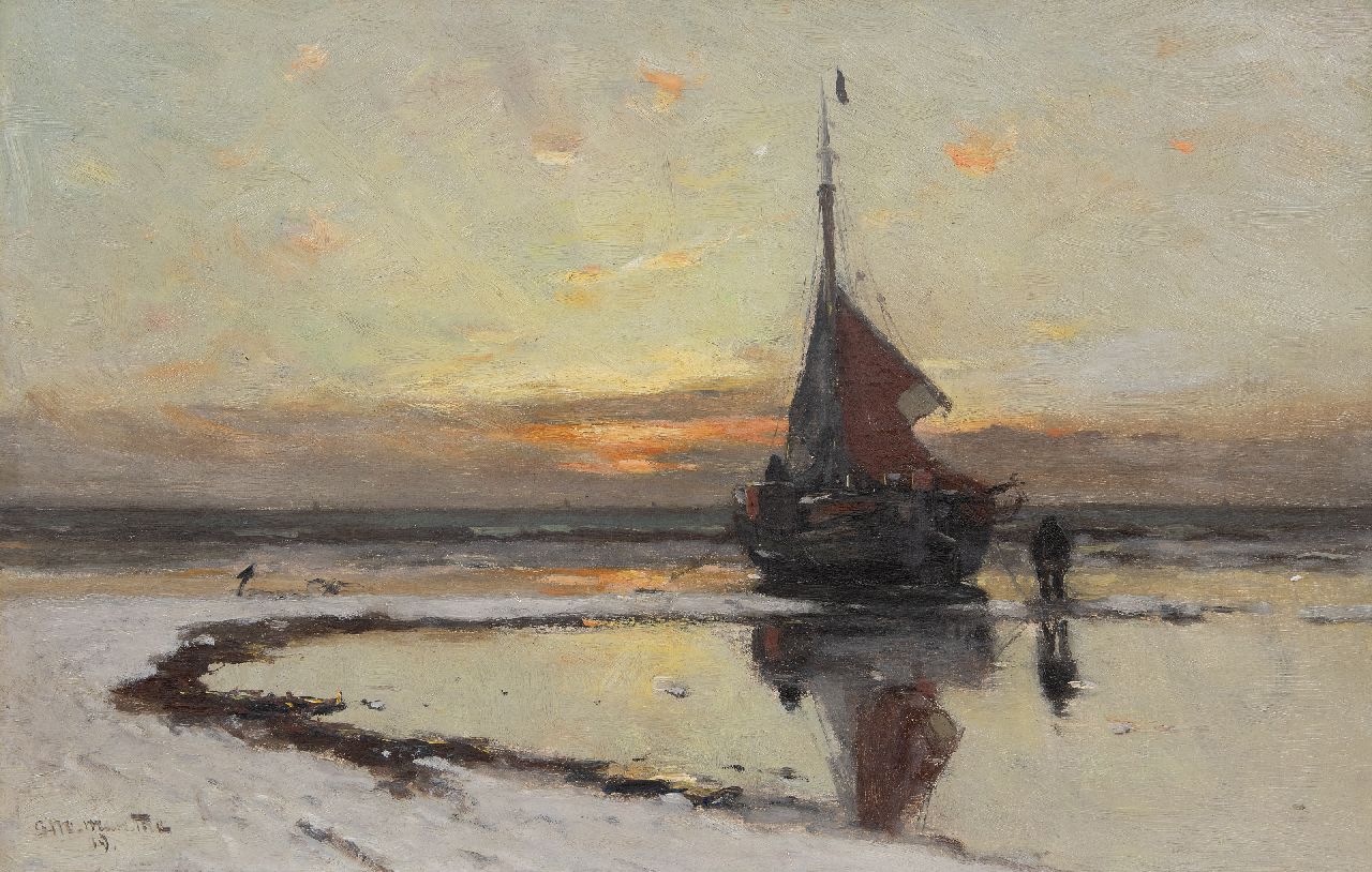 Munthe G.A.L.  | Gerhard Arij Ludwig 'Morgenstjerne' Munthe | Paintings offered for sale | Sunset on the beach of Katwijk, oil on canvas 40.3 x 63.2 cm, signed l.l. and dated '19