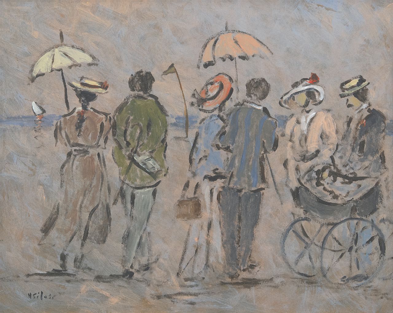 Saint-Clair H.  | Henry Saint-Clair, Figures on the beach, watercolour and gouache on paper 38.0 x 45.5 cm, signed l.l.