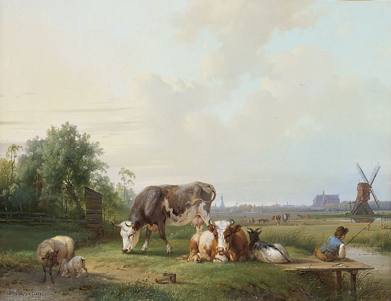 Plas P.  | Pieter Plas, Cattle and an angler in a landscape,  Alkmaar in the distance, oil on canvas 44.4 x 55.2 cm, signed l.l. and dated 1842