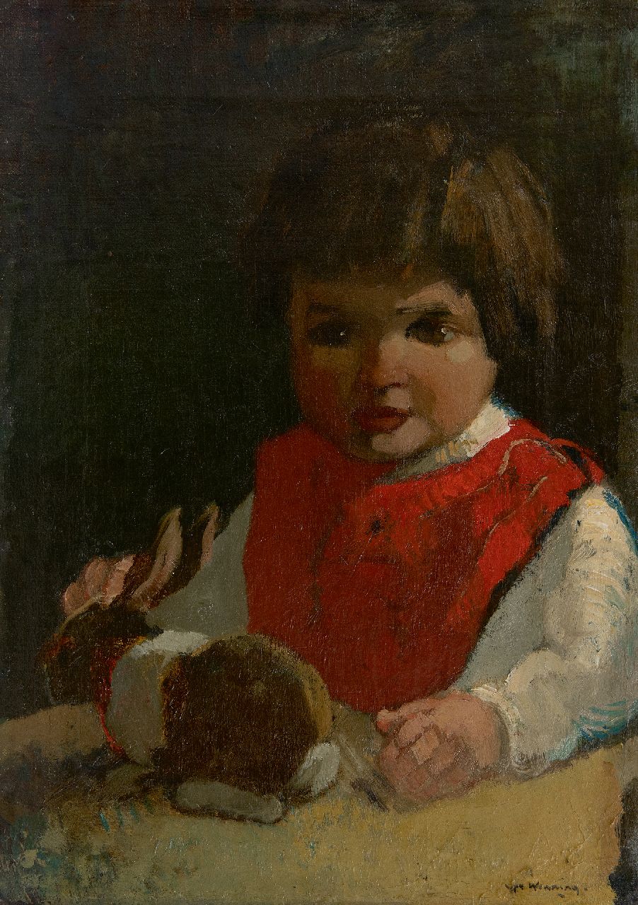 Wenning IJ.H.  | IJpe Heerke 'Ype' Wenning | Paintings offered for sale | A girl with her pat rabbit, oil on canvas 36.4 x 26.2 cm, signed l.r.