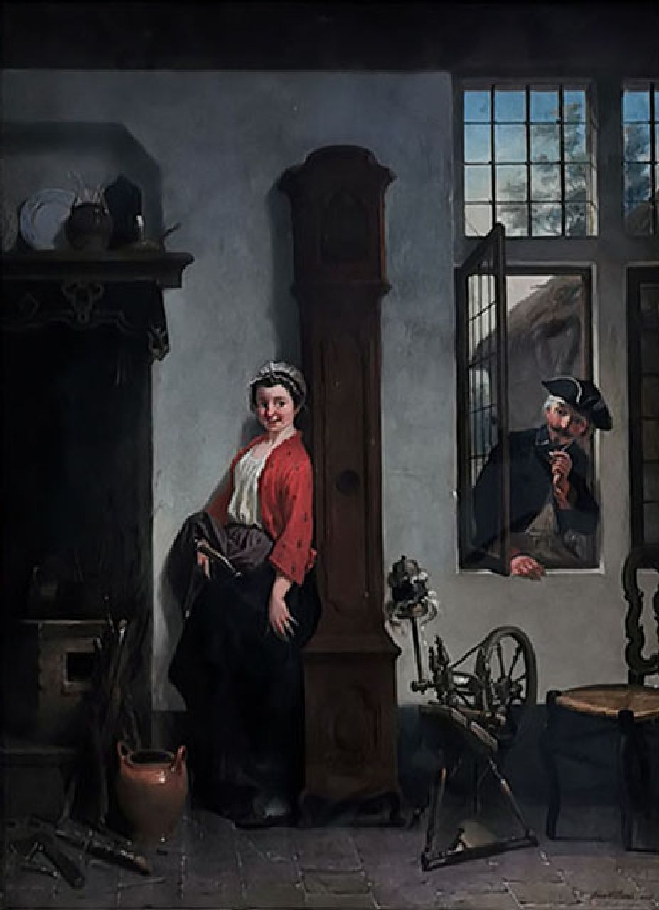 Belgische School, 2e helft 19e eeuw   | Belgische School, 2e helft 19e eeuw | Paintings offered for sale | A visit while spinning, oil on panel 69.8 x 49.4 cm, signed l.r. and dated 1865