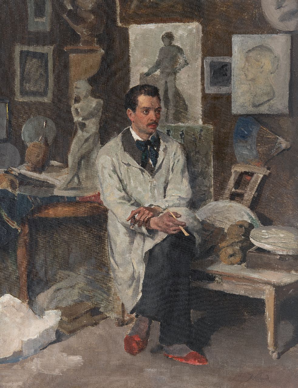 Weiland J.  | Johannes Weiland, Artist in his studio, oil on canvas 49.2 x 37.7 cm, signed l.r.