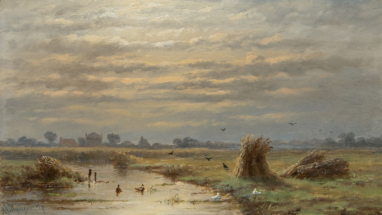 Wijngaerdt A.J. van | Anthonie Jacobus van Wijngaerdt, Polderlandschap, oil on panel 16.4 x 29.1 cm, signed l.l.