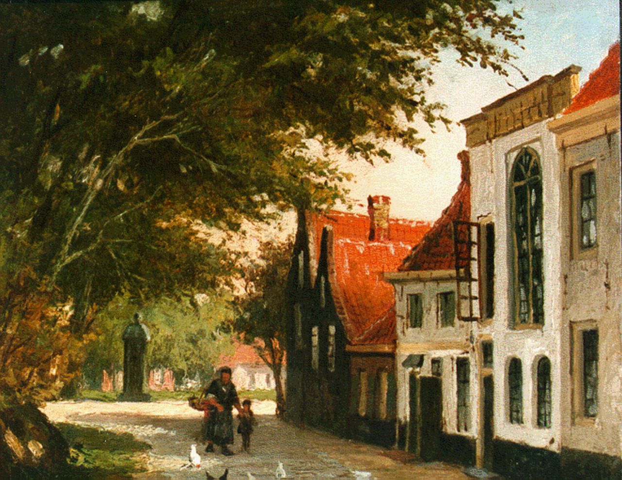 Mittertreiner J.J.  | Johannes Jacobus Mittertreiner, A townview in summer with mother and child, oil on panel 14.5 x 18.2 cm, signed l.r.