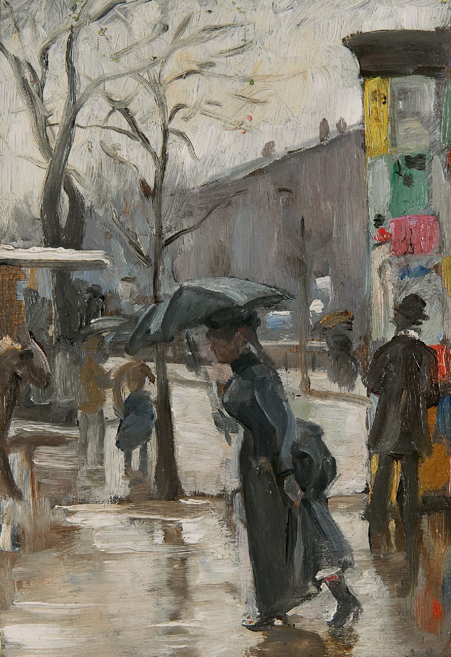 Hoeniger P.  | Paul Hoeniger, A rainy day along the Seine in Paris, oil on panel 24.7 x 16.9 cm, signed r.o.