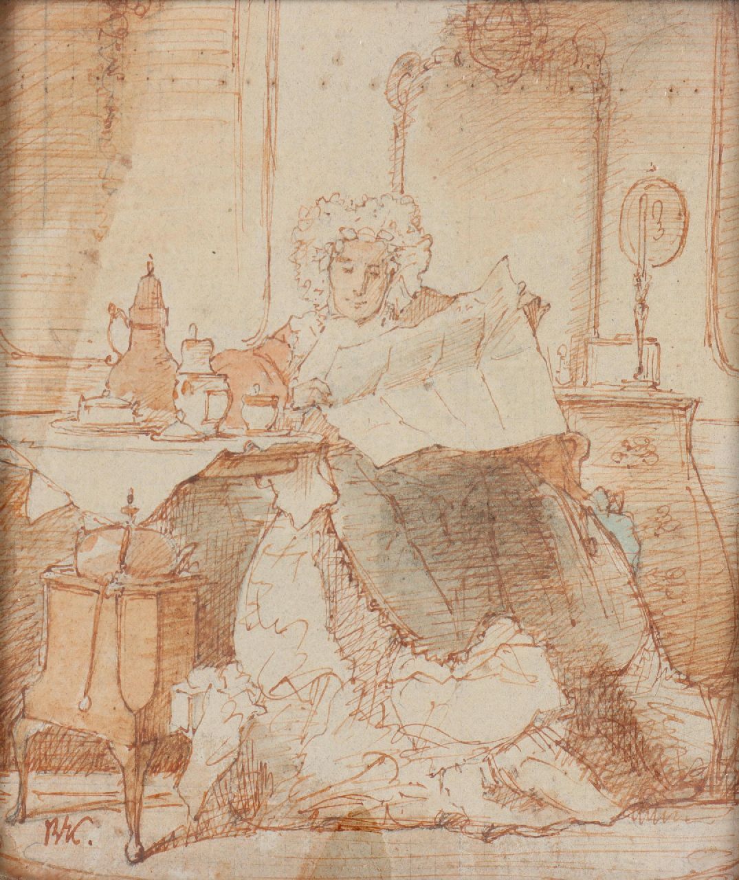 Bakker Korff A.H.  | Alexander Hugo Bakker Korff, The morning paper, pen, ink and watercolour on paper 14.3 x 11.5 cm, signed l.l. with monogram