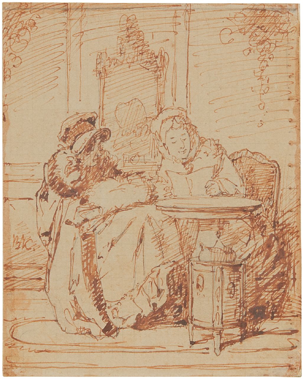 Alexander Hugo Bakker Korff | Reading the letter, pencil, pen and ink on paper, 11.0 x 8.8 cm, signed c.l.. with monogram