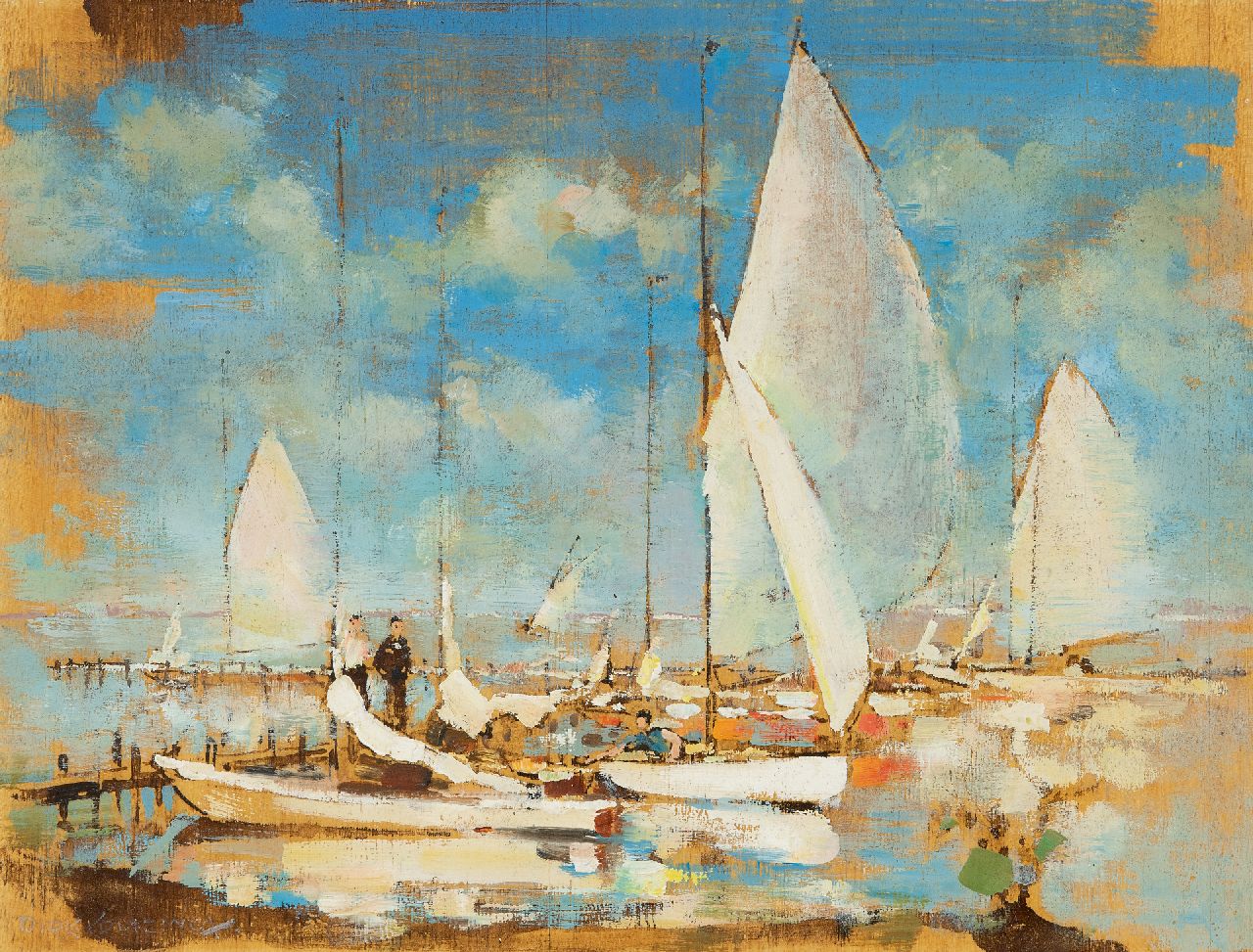 Kruizinga D.  | Dirk Kruizinga | Paintings offered for sale | Sailing boats at a jetty, oil on panel 27.0 x 35.0 cm, signed l.l.