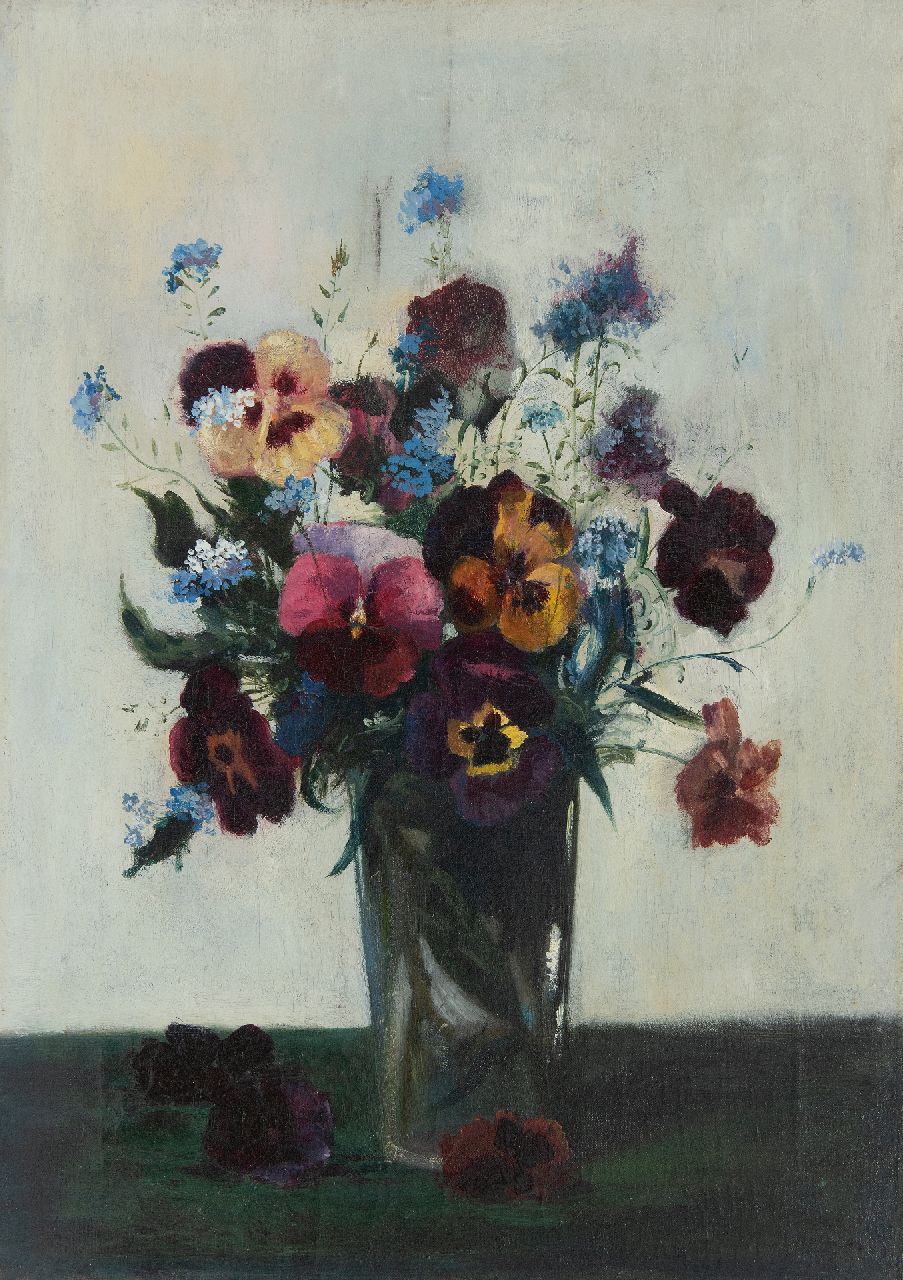 Koeman J.J.  | Jacobus Jan 'Jac. J.' Koeman | Paintings offered for sale | Violets and forget-me-nots in a glass, oil on canvas 46.7 x 33.8 cm, signed l.r. and without frame