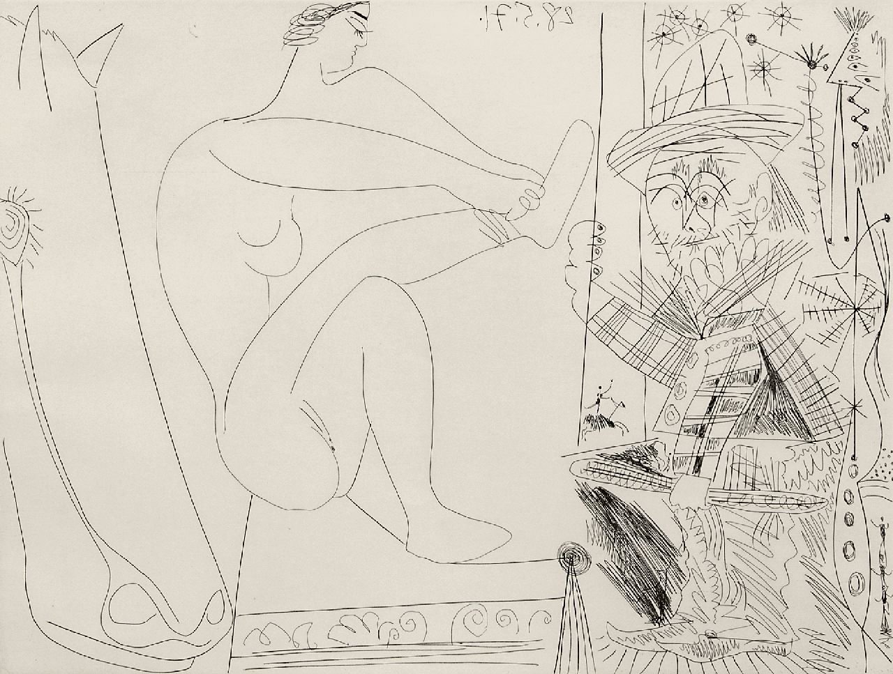 Picasso | Au cirque. Écuyère se chaussant dans les coulisses et clown au trapèze, etching, 31.4 x 41.2 cm, signed l.r. with namestamp and dated 28.5.71 (in the plate)