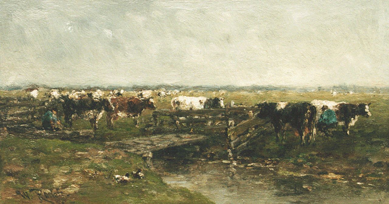 Roelofs W.  | Willem Roelofs, Cows grazing near Gouda, oil on panel 22.5 x 41.2 cm, signed twice