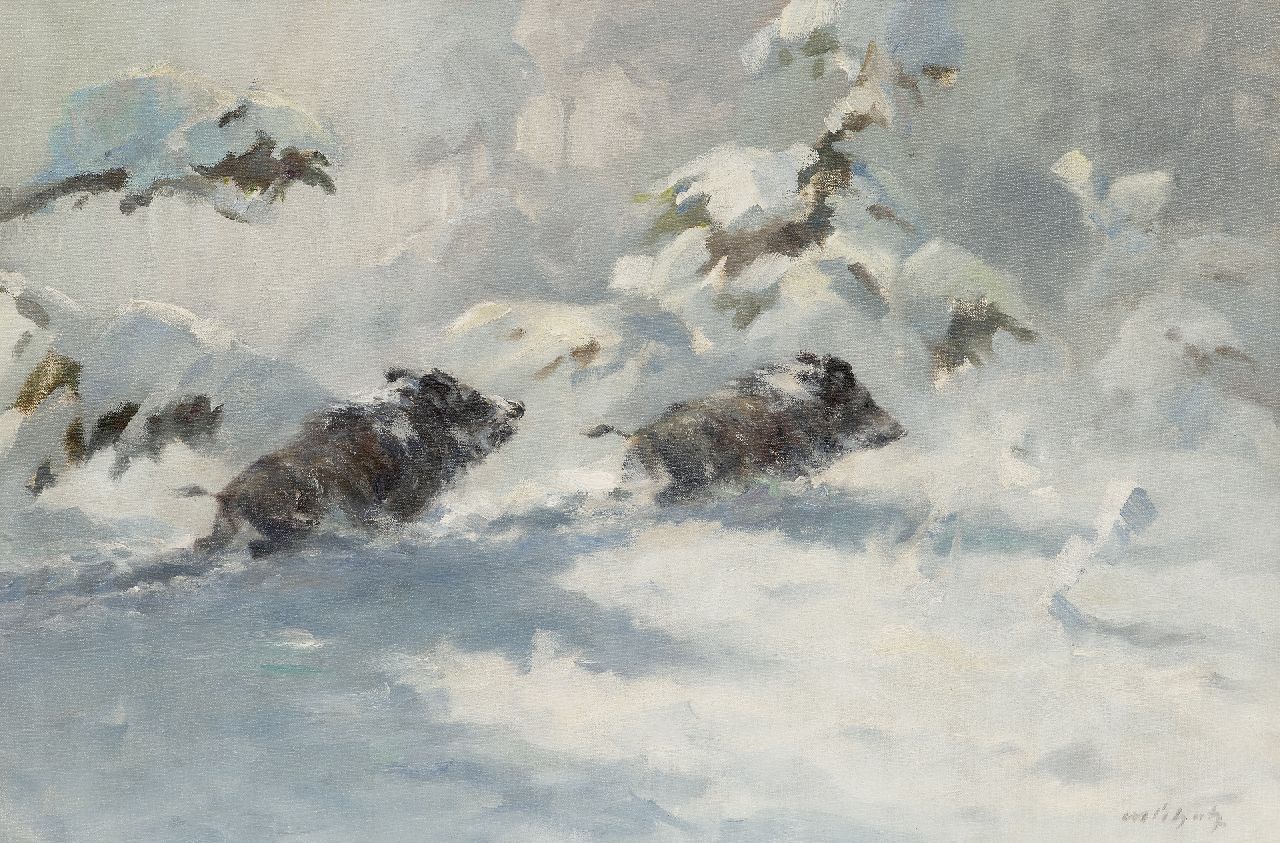 Manfred Schatz | Wild boars in the snow, oil on canvas, 60.2 x 90.0 cm, signed l.r.