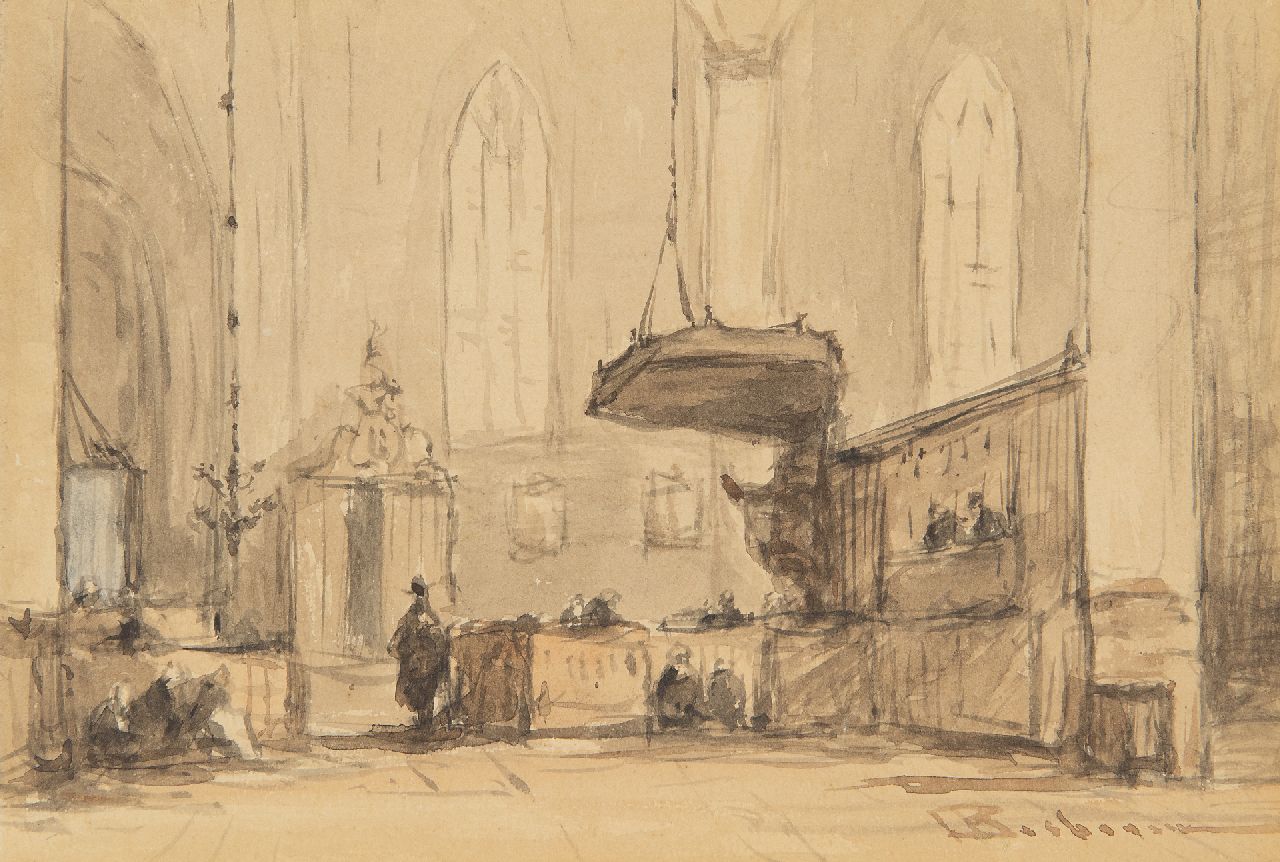 Bosboom J.  | Johannes Bosboom, Interior of the Grote Kerk in Alkmaar, watercolour on paper 12.1 x 18.2 cm, signed l.r.