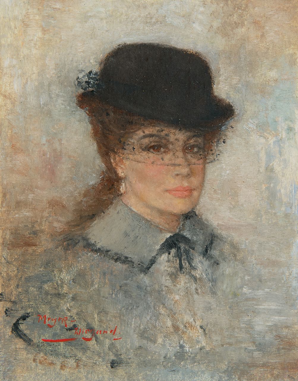 Meyer-Wiegand R.D.  | Rolf Dieter Meyer-Wiegand | Paintings offered for sale | Woman with hat and voile, oil on panel 18.0 x 14.1 cm, signed l.l.