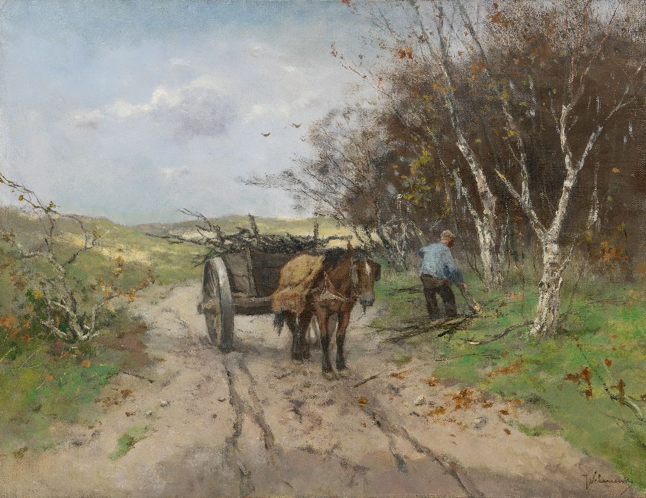 Scherrewitz J.F.C.  | Johan Frederik Cornelis Scherrewitz | Paintings offered for sale | Collecting wood with a horse cart in a dune landscape, oil on canvas 50.0 x 65.5 cm, signed l.r.