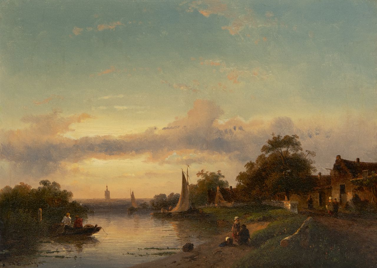 Leickert C.H.J.  | 'Charles' Henri Joseph Leickert | Paintings offered for sale | A river scene at sunset, oil on panel 23.0 x 31.6 cm, signed l.l. and dated '54