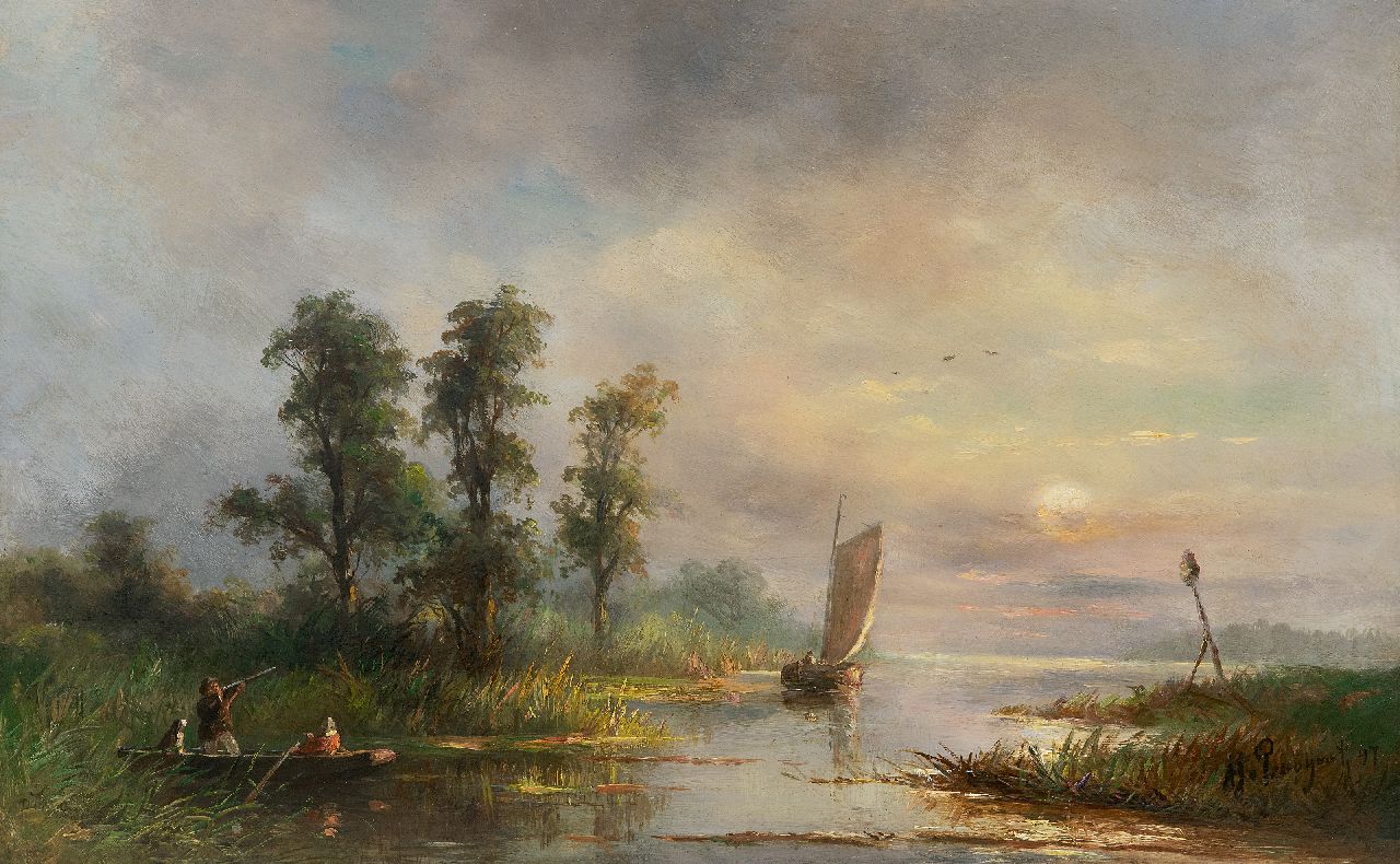 Prooijen A.J. van | Albert Jurardus van Prooijen, Lake landscape with hunter and sailing ship, oil on panel 38.0 x 60.2 cm, signed l.r. and dated '97