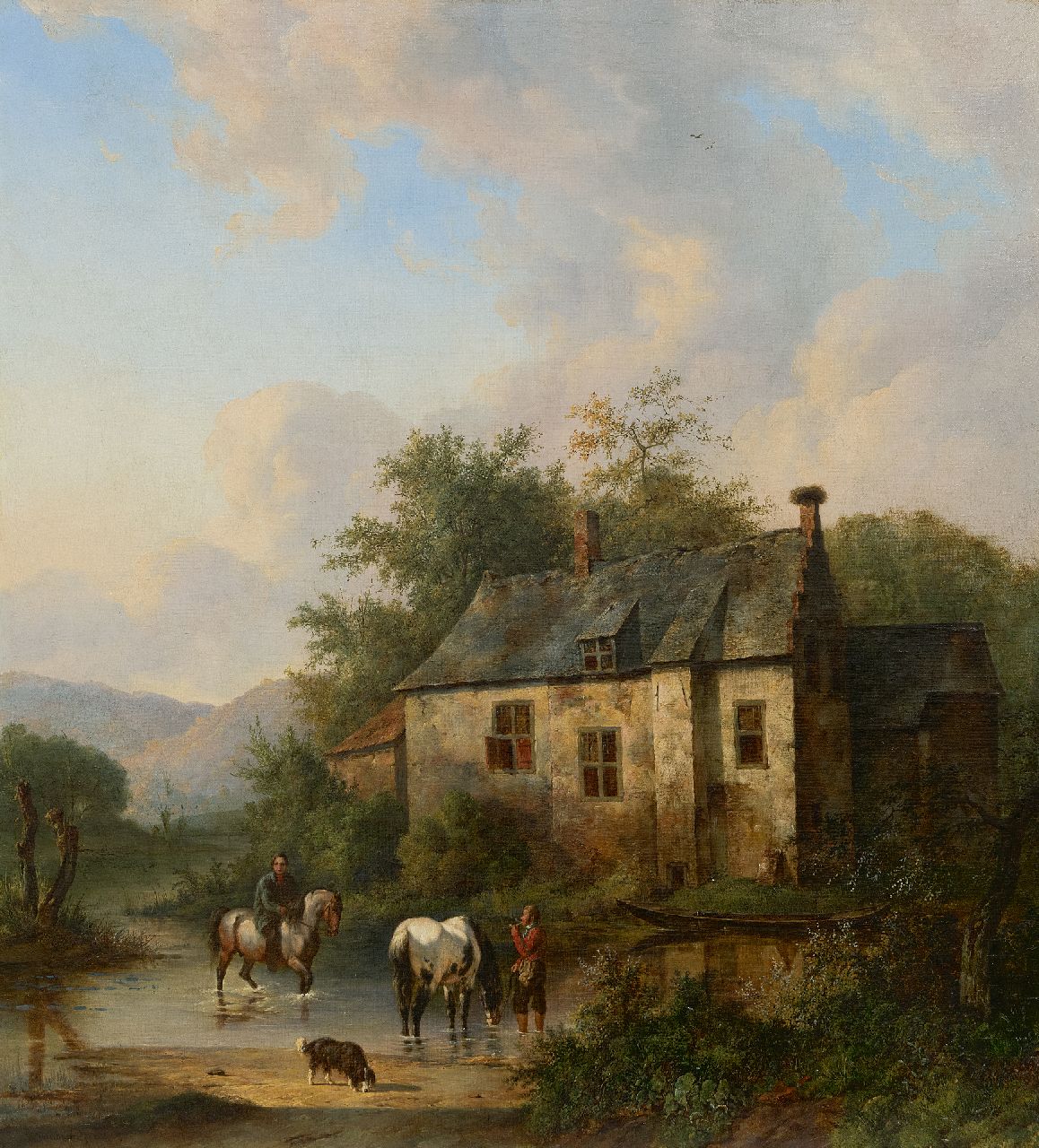 Verschuur W.  | Wouterus Verschuur, View of the 'Leenkamer' of Kasteel Stapelen in Boxtel with dog, horses and riders, oil on canvas 70.5 x 63.7 cm, signed l.l