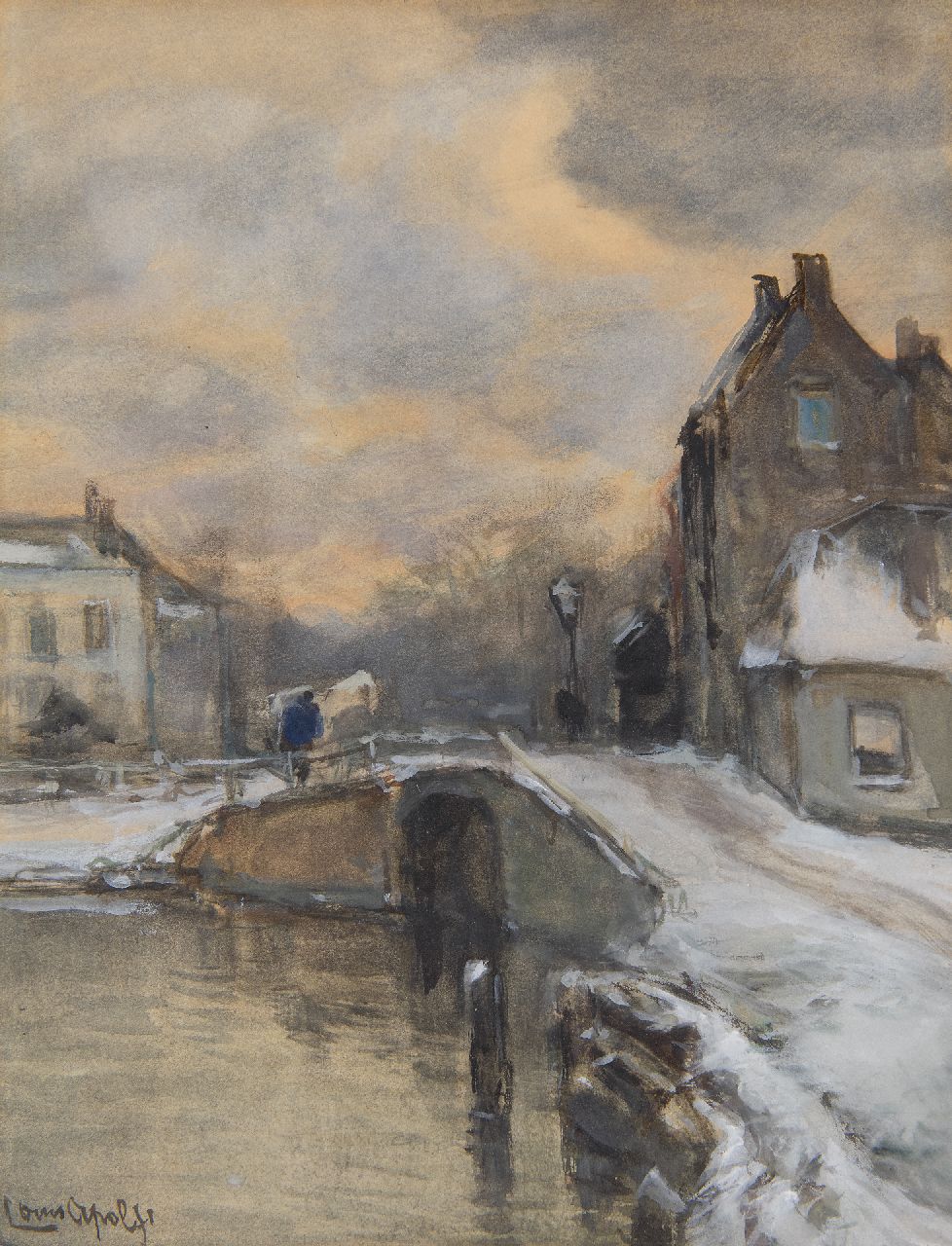 Apol L.F.H.  | Lodewijk Franciscus Hendrik 'Louis' Apol | Watercolours and drawings offered for sale | Dutch village canal in the snow, watercolour on paper laid down on board 28.7 x 22.1 cm, signed l.l.