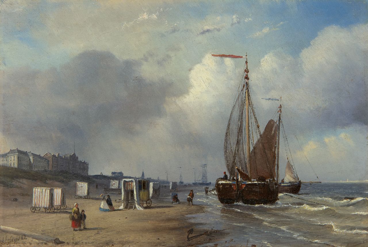 Schiedges P.P.  | Petrus Paulus Schiedges | Paintings offered for sale | The beach of Scheveningen with bathing carriages, fishermen and fishing boats, oil on panel 23.5 x 34.4 cm, signed l.l. and dated '62