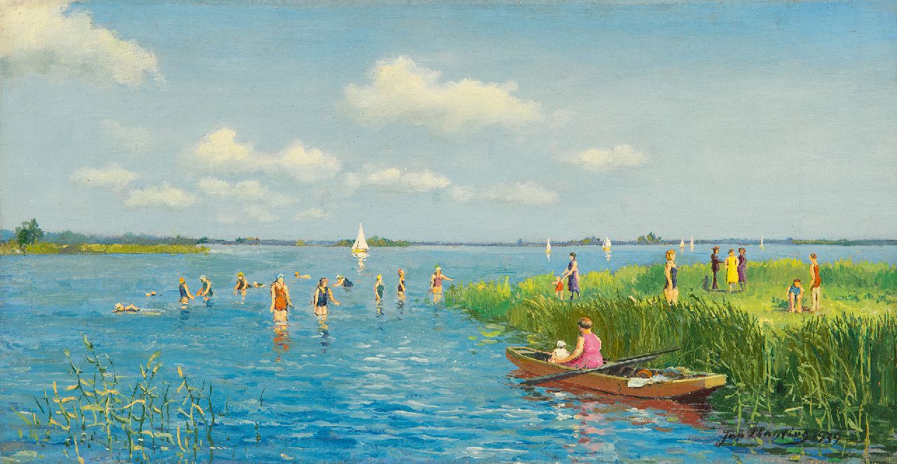 Jan Planting | Summer swimming fun at De Leien in Friesland, oil on canvas, 19.6 x 37.1 cm, signed l.r. and dated 1939
