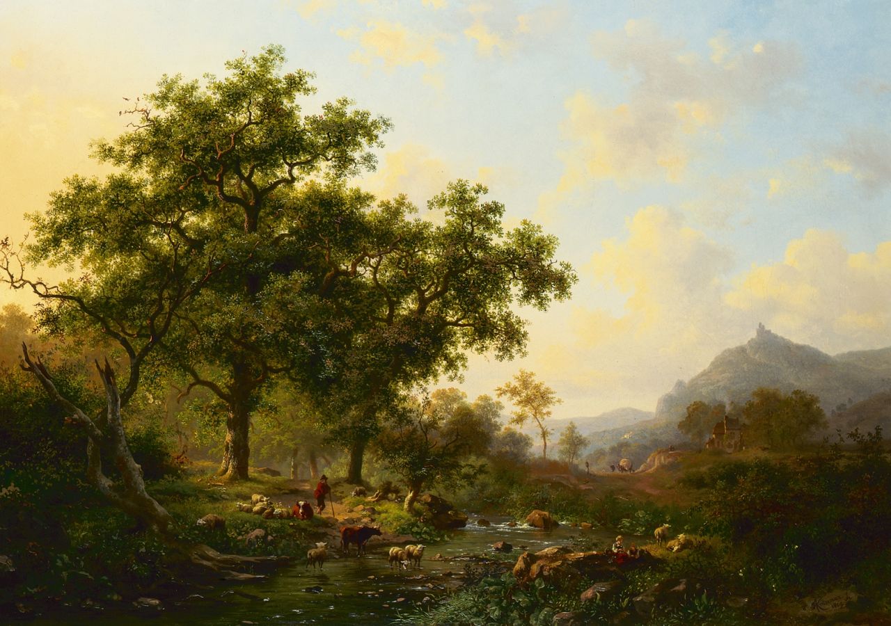 Kruseman F.M.  | Frederik Marinus Kruseman, A wooded river landscape with watering cows, oil on canvas 50.0 x 70.0 cm, signed l.r. and dated 1869